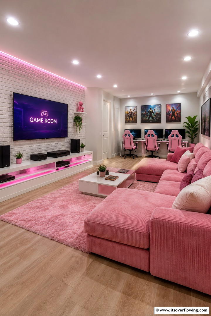 Contemporary Pink Gaming Lounge - 30 Pink Gaming Setup Ideas for a Vibrant Play Space
