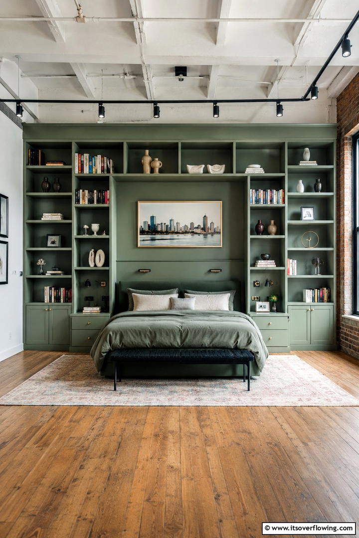 Contemporary Sage Green Shelving - 30 Sage Green Bedroom Ideas for Serene Modern Spaces