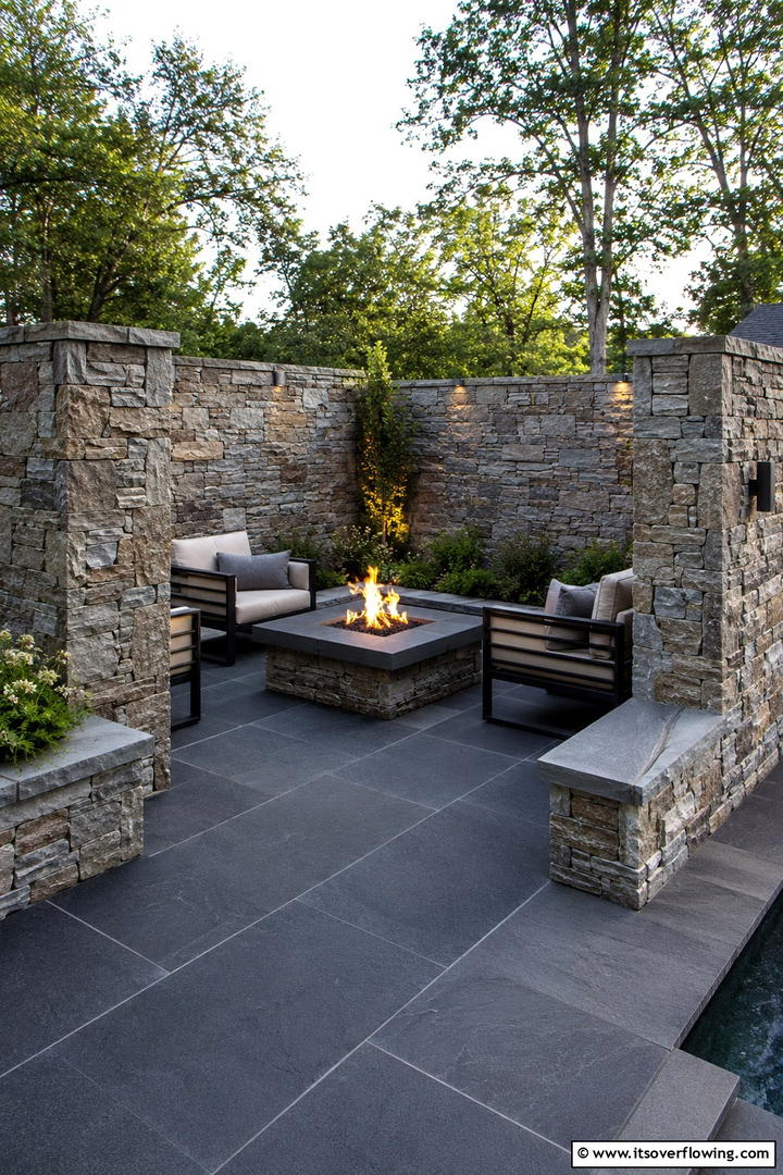 Contemporary Stone Fire Enclosure - 30 Elegant Stone Fire Pit Ideas for Backyard Entertaining