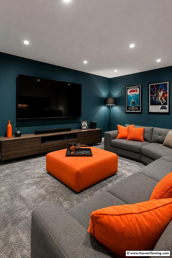 Contemporary Teal and Orange Media Room - 30 Teal & Orange Room Color Schemes for Vibrant Home Decor