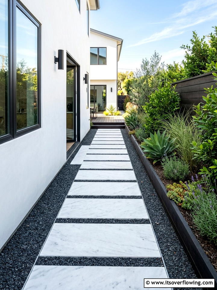 Contemporary White Stone Side Yard Walkway - 25 small garden ideas with stepping stones