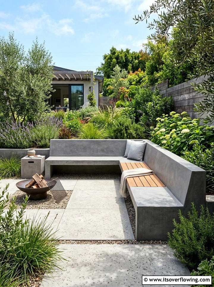 Contemporary concrete bench - 25 creative garden ideas with outdoor party zones