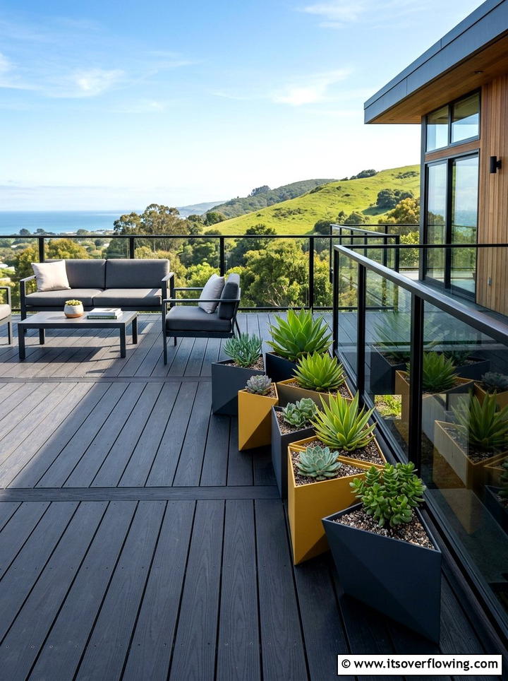 Contemporary deck with geometric containers - 25 creative garden ideas with painted planters