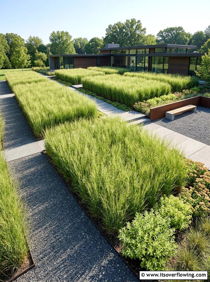 Contemporary garden with mass planted grass - 25 garden ideas with ornamental grasses