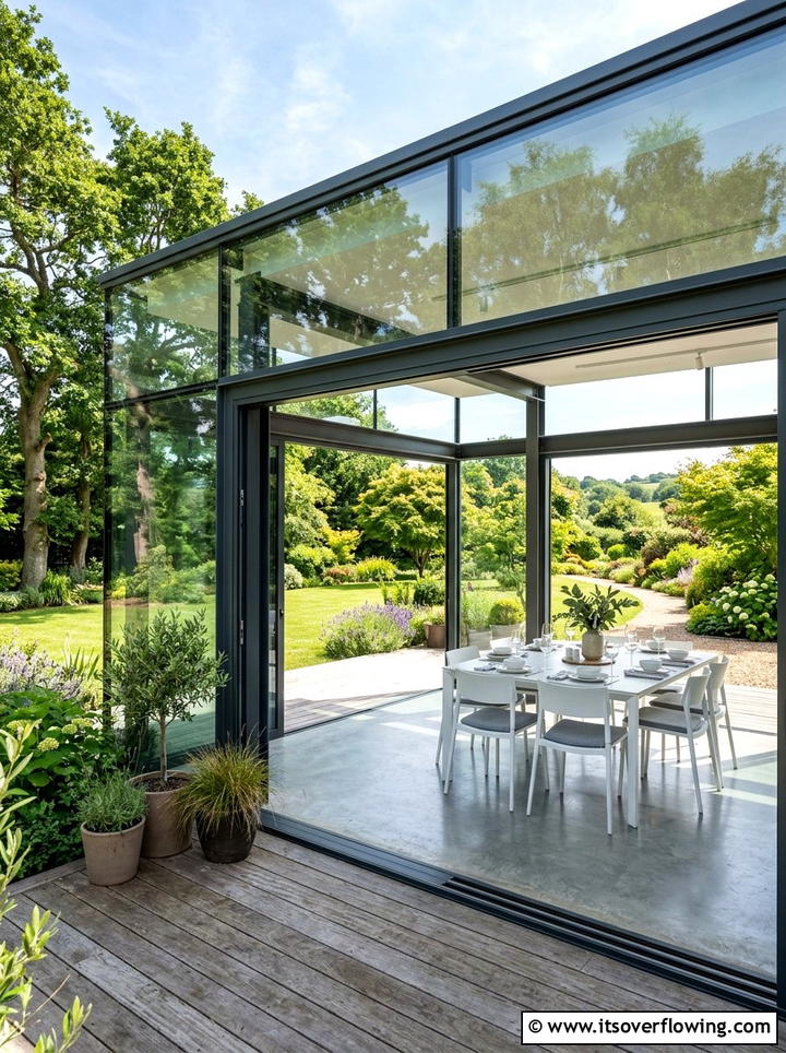 Contemporary glass house dining - 25 creative garden ideas with outdoor dining spaces