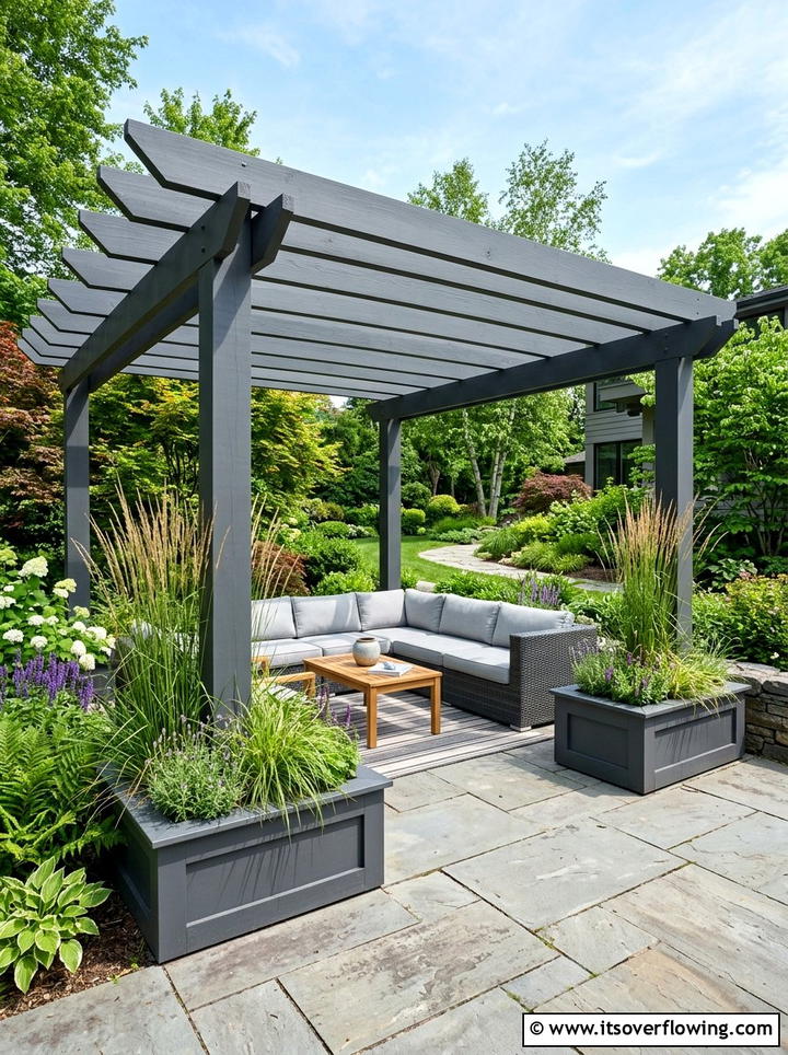 Contemporary gray pergola with planters - 25 garden ideas with pergola