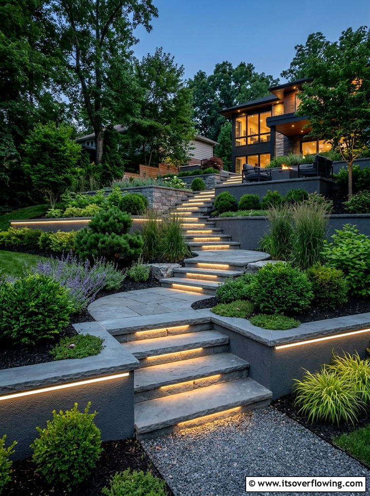 Contemporary step lighting for sloped gardens - 25 garden decor ideas with pathway lighting