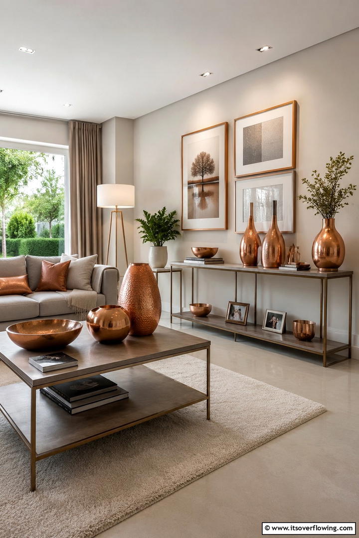 Copper Decorative Objects - 50 Living Room Fall Decor Ideas for Cozy Autumn Updates