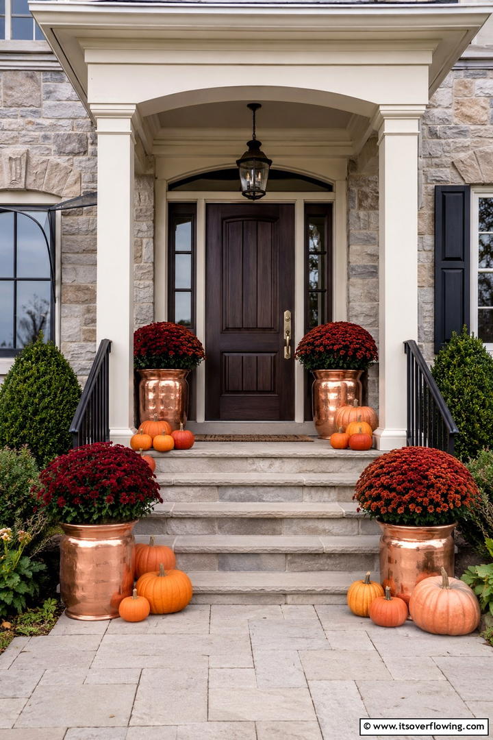 Copper Mum Planter Accent - 50 Fall Front Door Decor Ideas Roundup- Curb Appeal