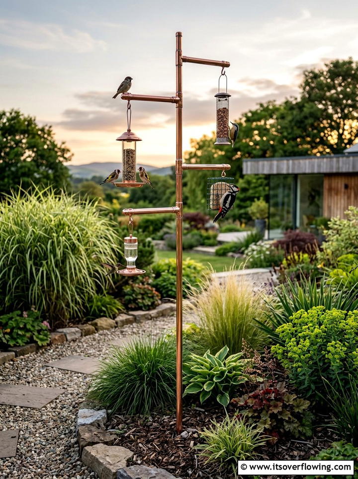 Copper Pipe Bird Feeder Stand - 25 upcycled garden ideas with bird feeders