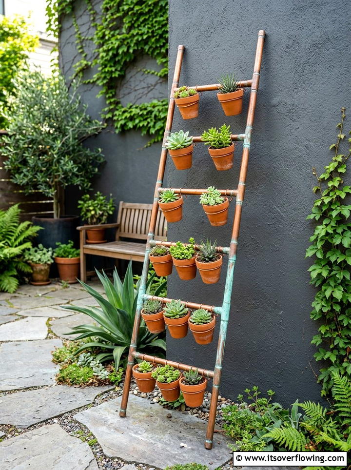 Copper Pipe Garden Ladder - 25 recycled garden ideas with recycled metal art