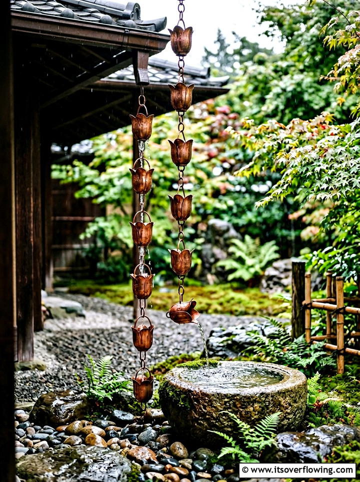 Copper Rain Chain - 25 garden decor ideas for zen gardens