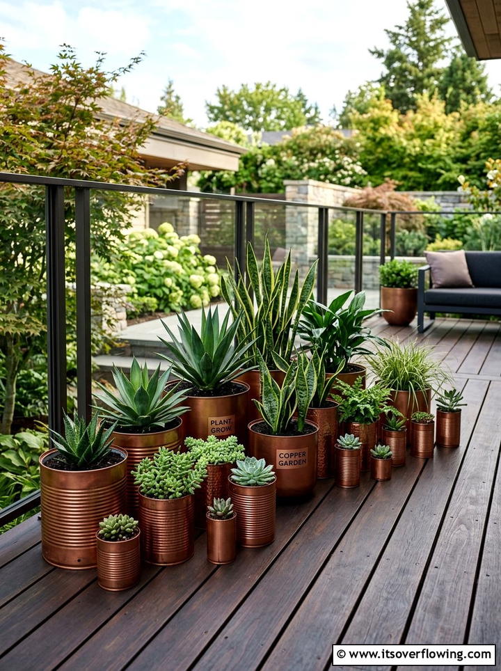 Copper Spray Painted Planters - 25 upcycled garden ideas with tin cans