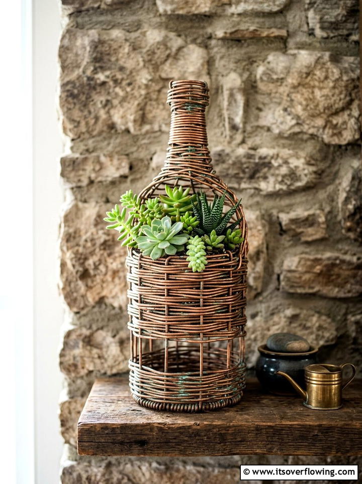 Copper Wire Bottle Planter - 25 recycled garden ideas with hanging bottle planters