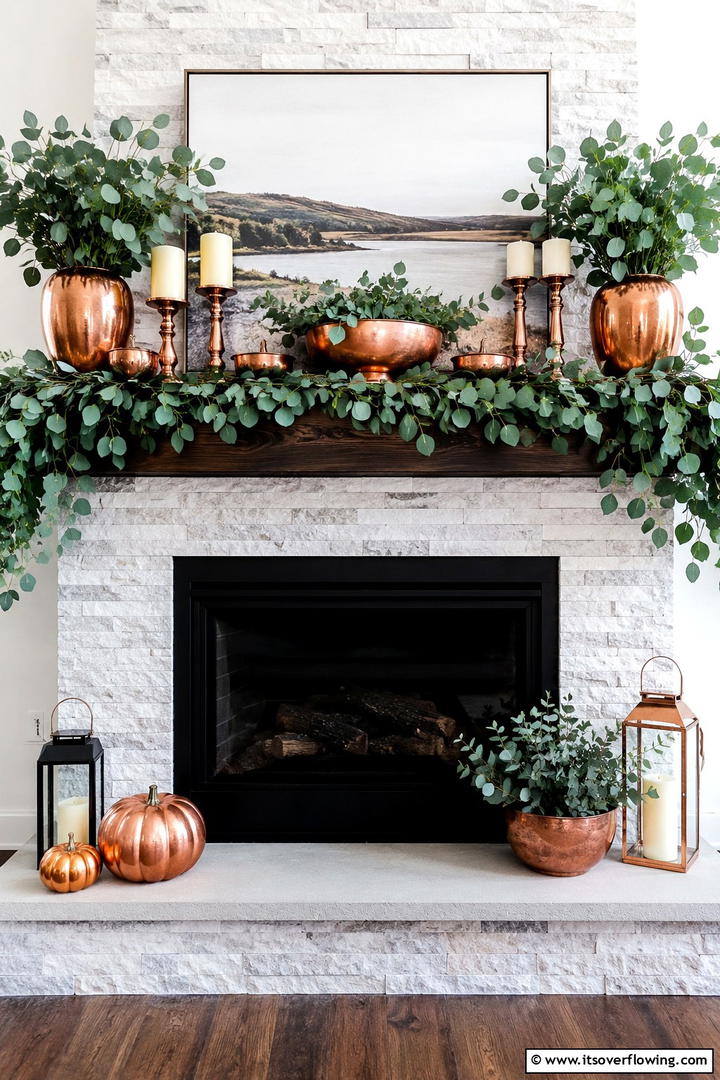 Copper and Greenery Mantel Theme - 50 Fall Mantel Decor Ideas for Cozy Spaces This Season