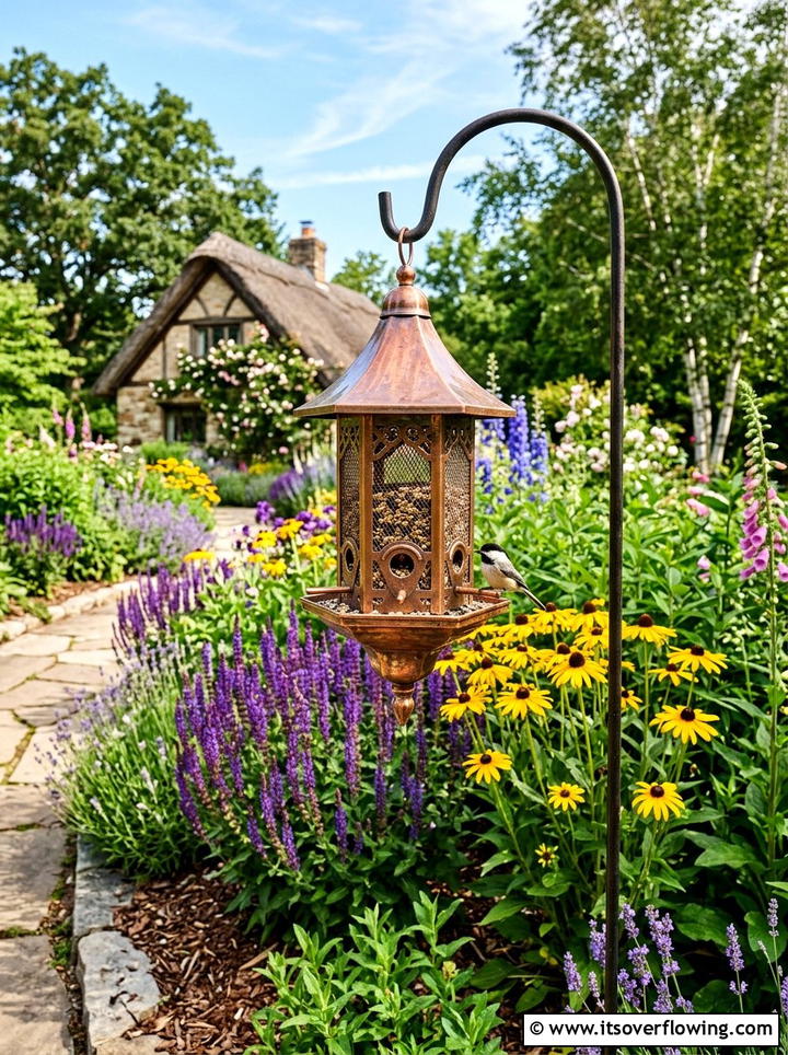 Copper bird feeder in perennial garden - 25 garden ideas with bird feeders