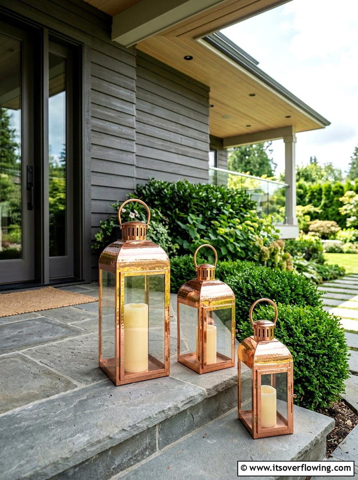 Copper candle lanterns - 25 front porch decor ideas with candle holders