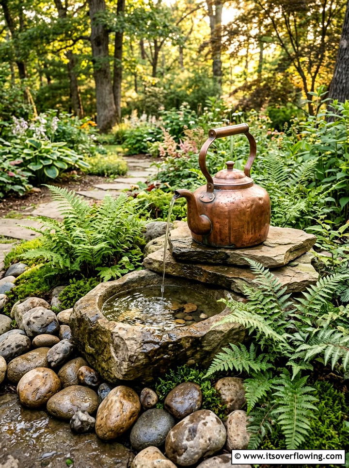 Copper kettle water feature - 25 upcycled garden ideas with old kettles