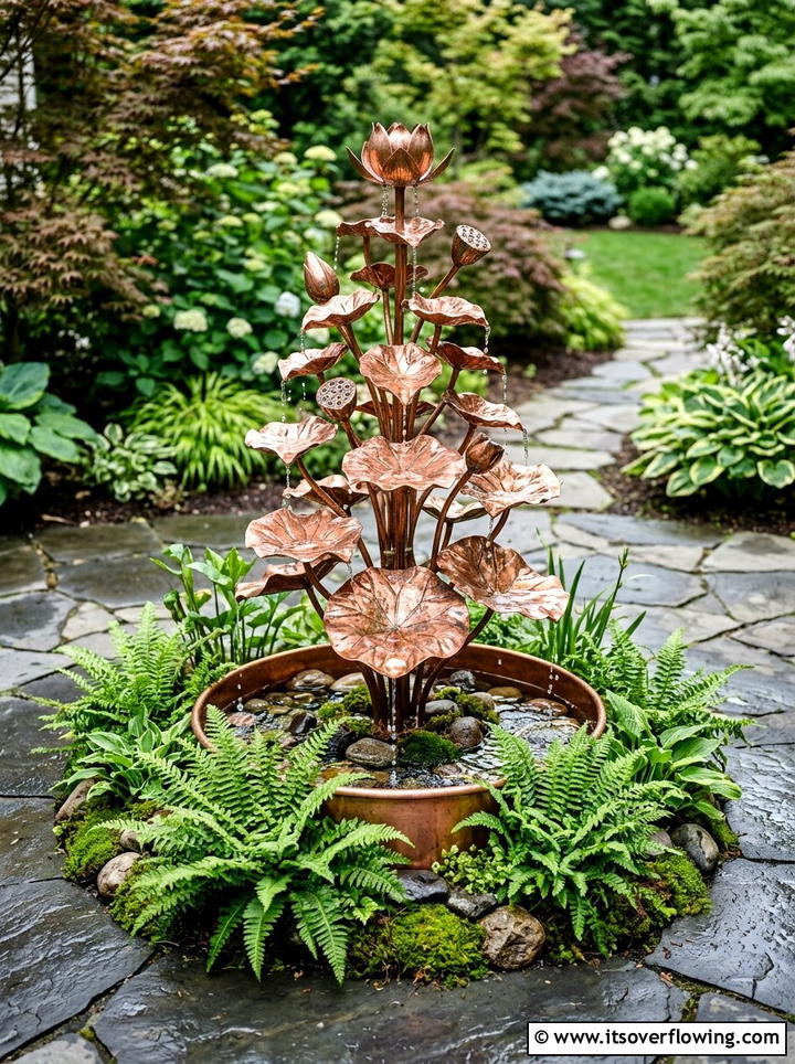 Copper lotus leaf fountain - 25 garden design ideas with water features