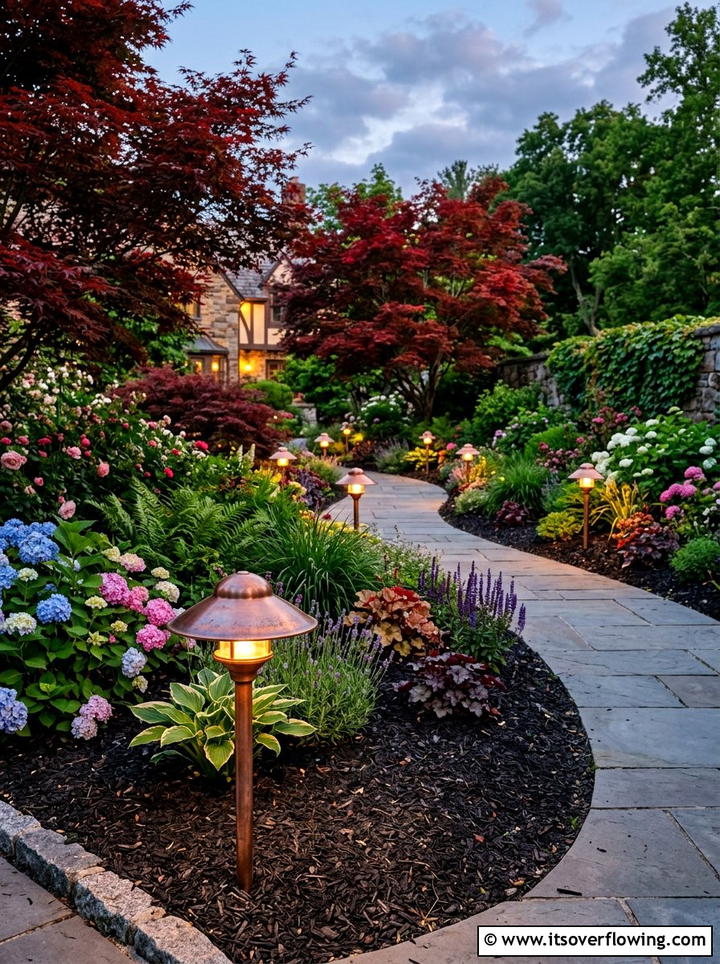 Copper path lights for flower beds - 25 garden decor ideas with pathway lighting