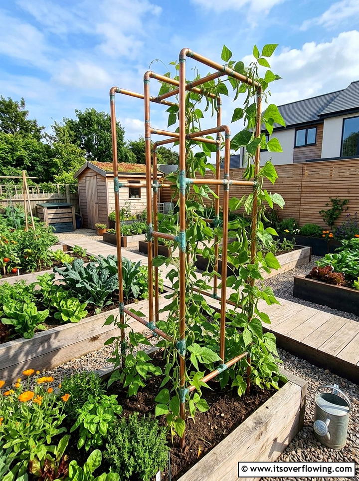 Copper pipe plant support - 25 garden decor ideas with trellis backdrops