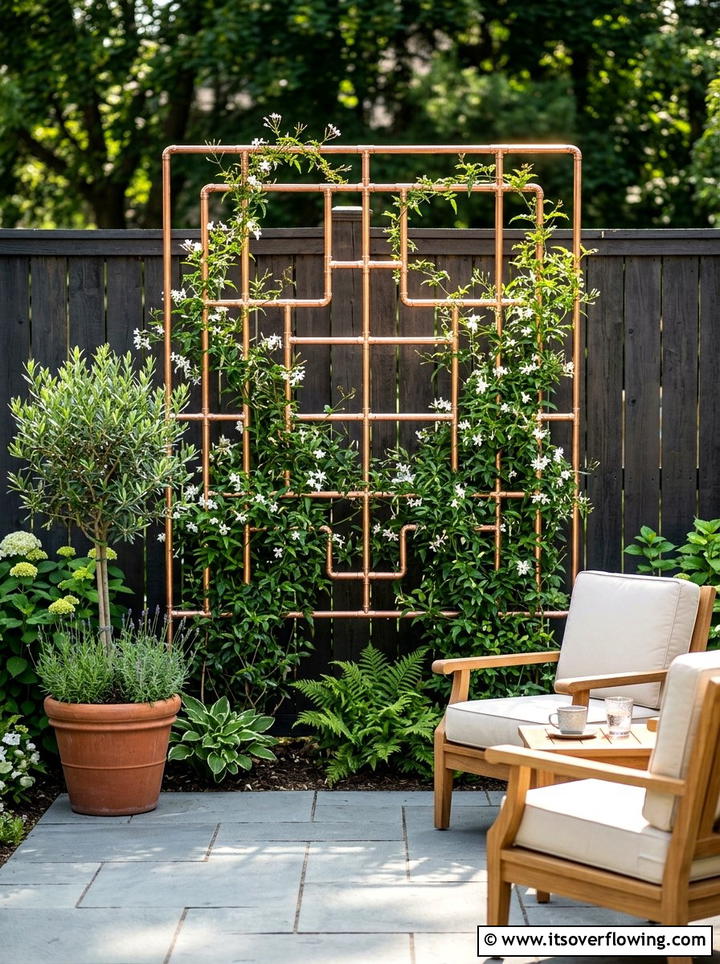 Copper pipe trellis - 25 small garden ideas with wall planters
