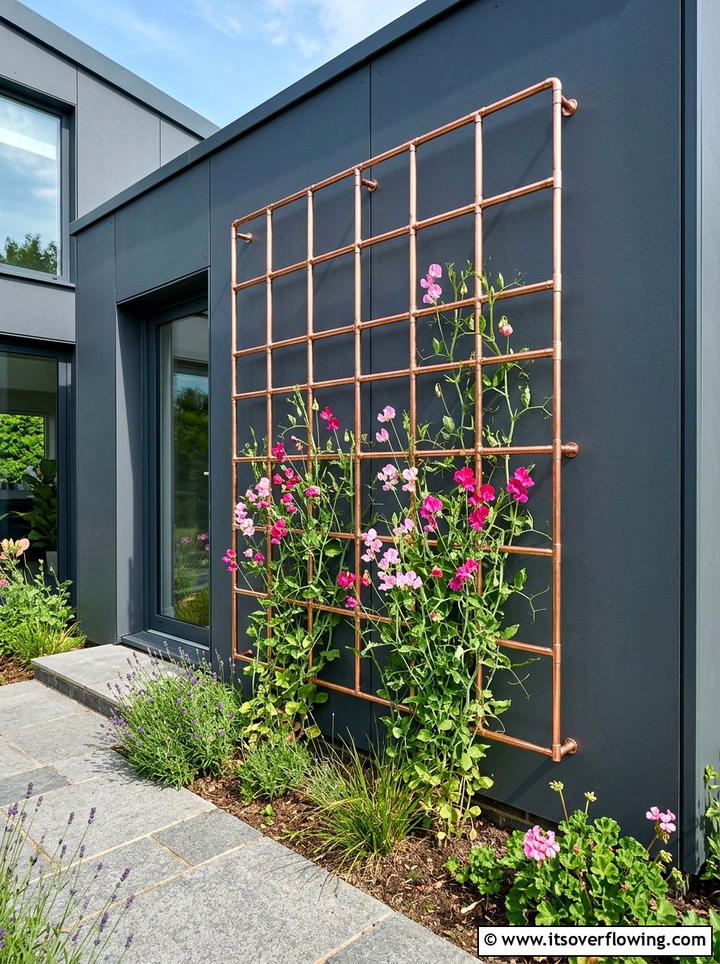Copper pipe vertical trellis - 25 cheap garden ideas with homemade trellis