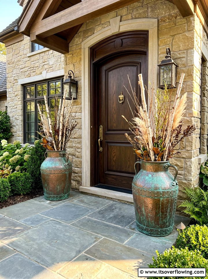 Copper porch vessels - 25 front porch ideas with tall planters