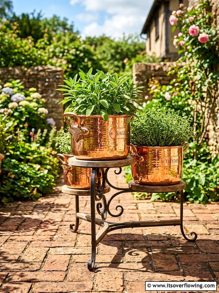 Copper pot herb garden - 25 front porch ideas with herb planters