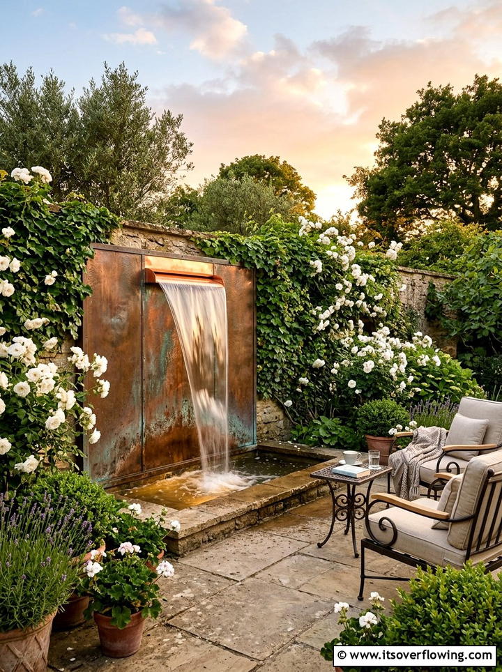 Copper spillway wall fountain - 25 creative garden ideas with fountain wall