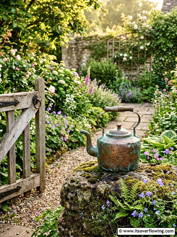 Copper tea kettle garden ornament - 25 upcycled garden ideas with old kettles