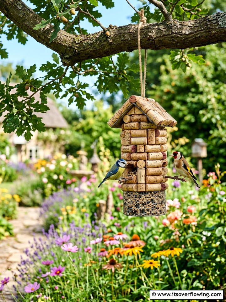 Cork bird feeder - 25 recycled garden ideas with wine corks