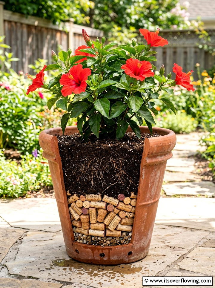 Cork drainage filler - 25 recycled garden ideas with wine corks
