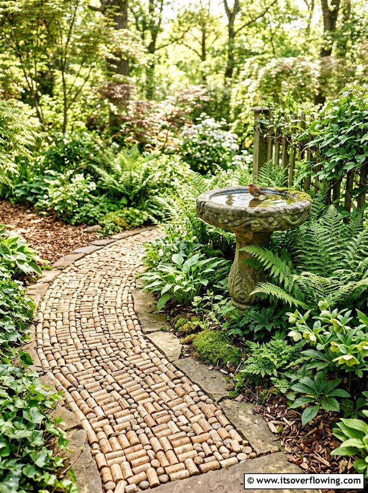 Cork mosaic pathway - 25 recycled garden ideas with wine corks