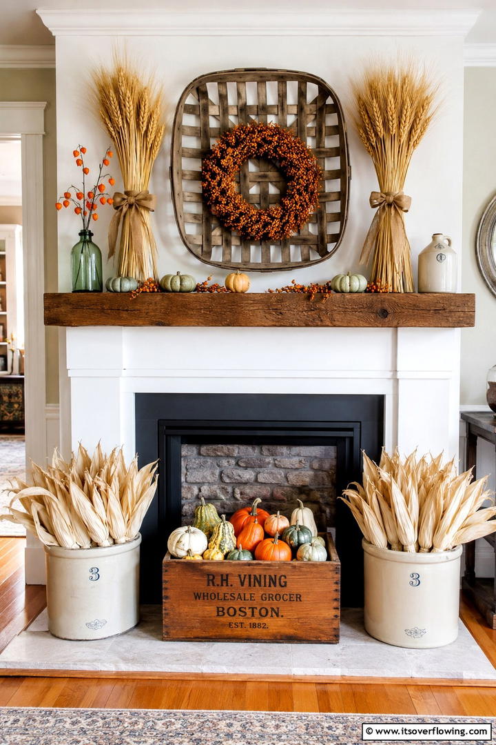 Corn Husk and Wheat Bundle - 50 Fall Fireplace Decor Ideas to Warm Autumn Gatherings