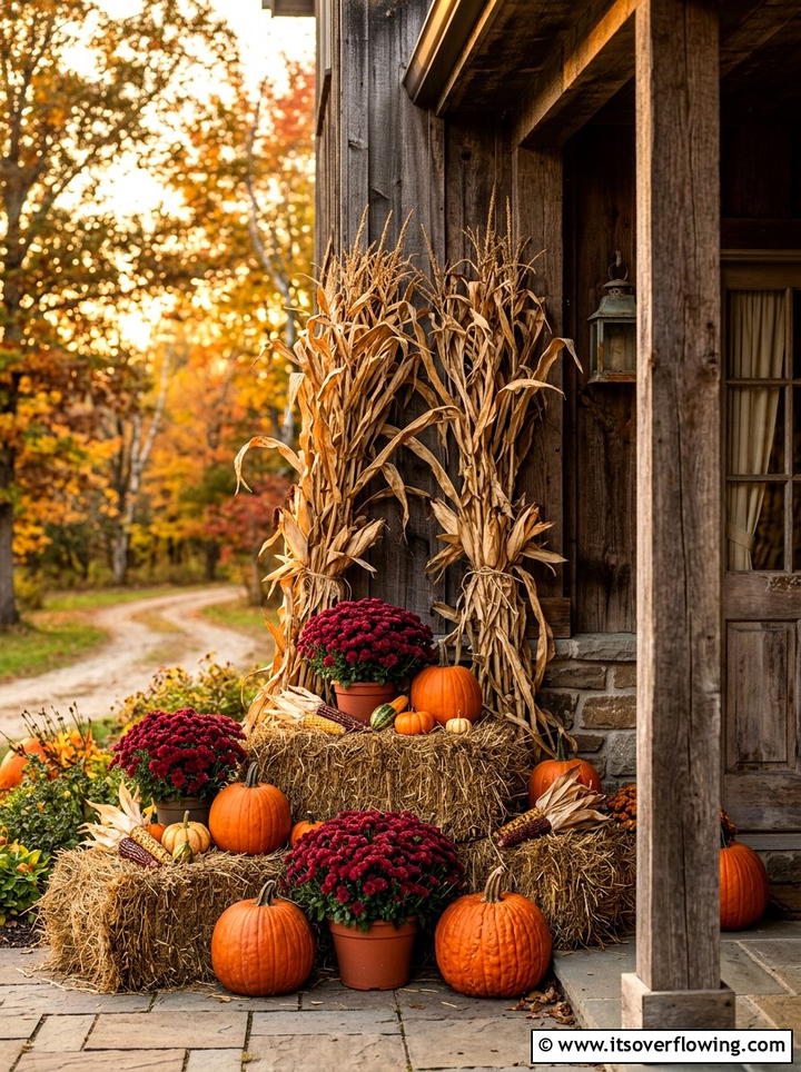 Corn Stalks On Front Porch - 25 front porch decor ideas with mums and hay bales