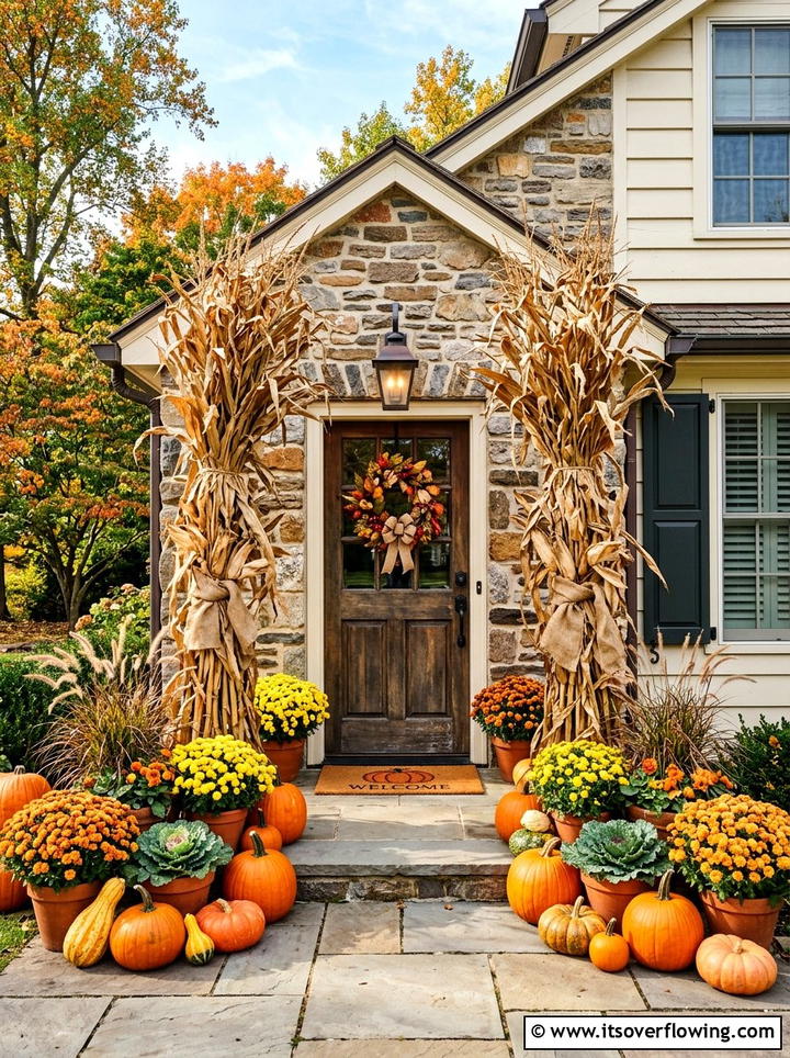 Corn stalk entryway - 25 front porch decor ideas for thanksgiving