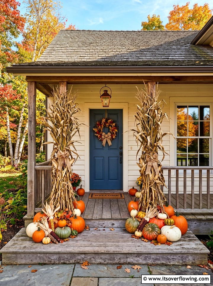 Corn stalks and pumpkins porch - 25 front porch ideas with pumpkins