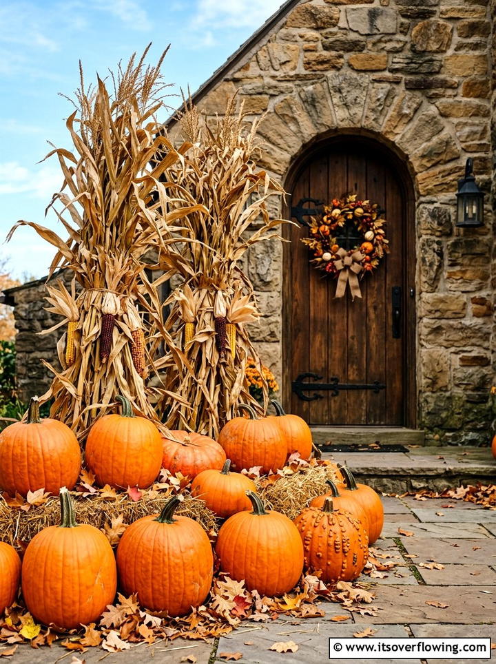 Corn stalks and pumpkins - 25 front porch decor ideas with real pumpkins