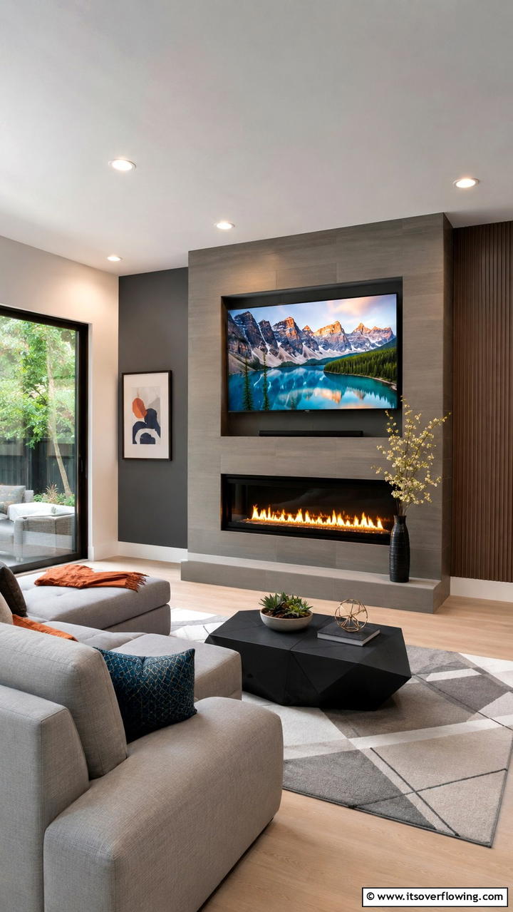 Corner Fireplace with Built In TV Above - 25 Cozy Corner Fireplace Ideas for Your Home