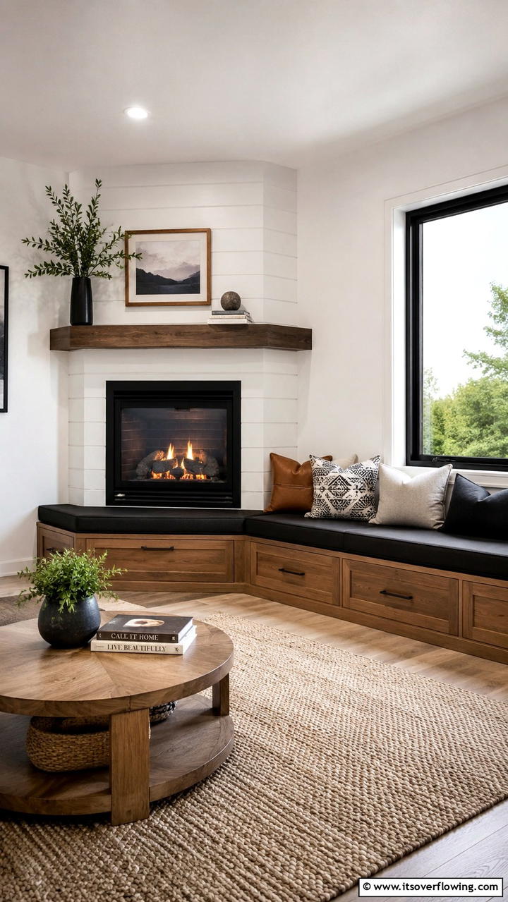 Corner Fireplace with a Built In Bench - 25 Cozy Corner Fireplace Ideas for Your Home