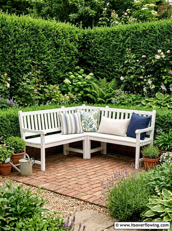 Corner Garden Bench - 25 backyard ideas with built in seating