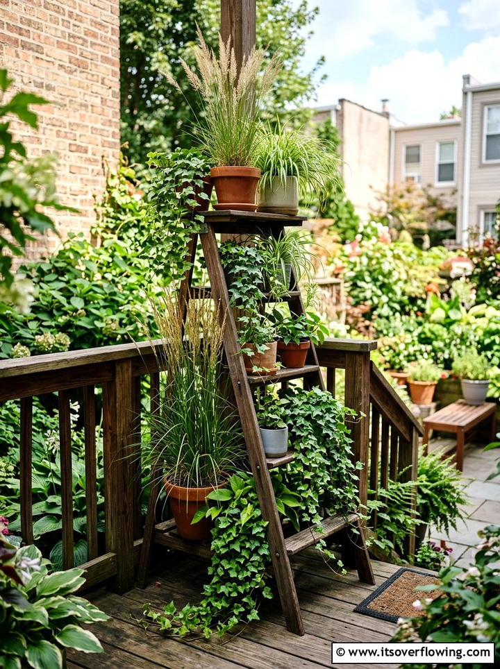 Corner Ladder Plant Stand - 25 backyard decorating ideas with vintage ladders