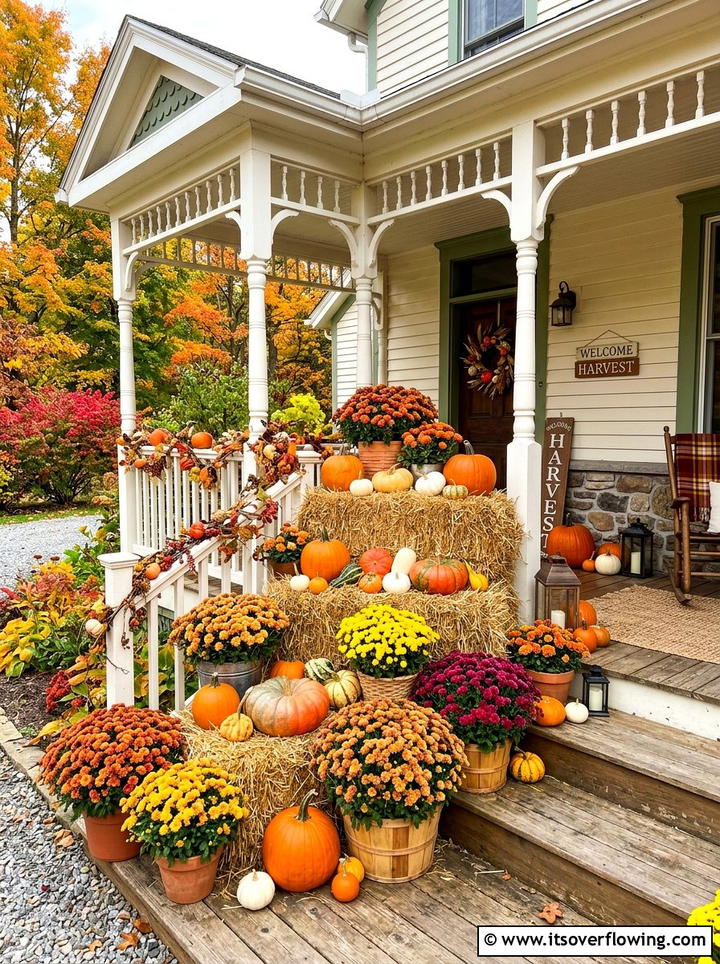Corner Porch Fall Display - 25 front porch decor ideas with mums and hay bales