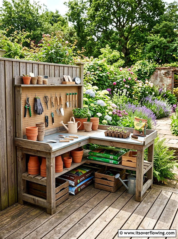 Corner Potting Station - 25 garden ideas with potting bench