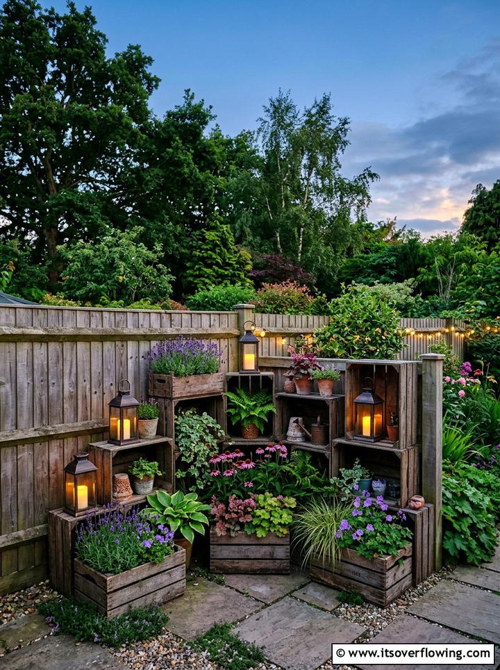 Corner crate garden display - 25 backyard ideas with crate planters