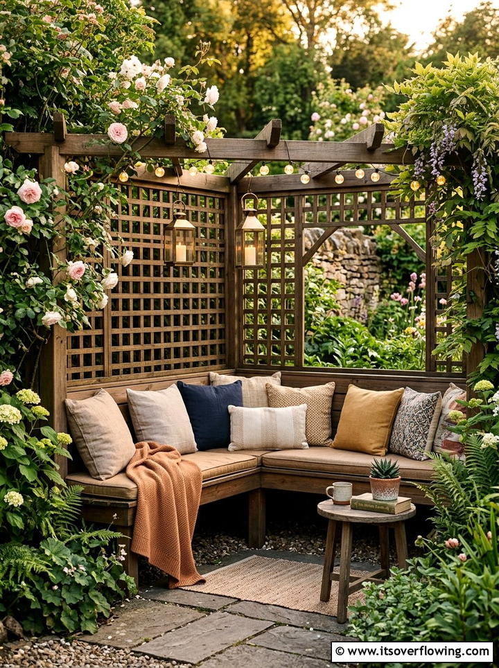 Corner lattice seating nook - 25 backyard ideas with lattice wall