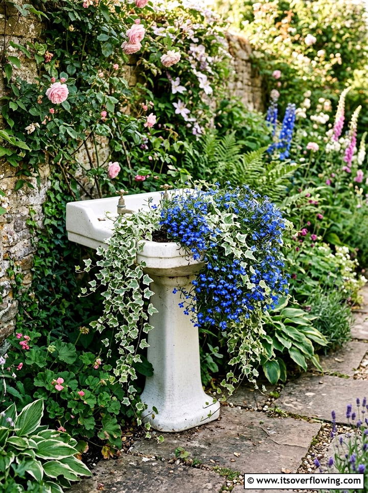 Corner pedestal sink flower bed - 25 upcycled garden ideas with old sinks