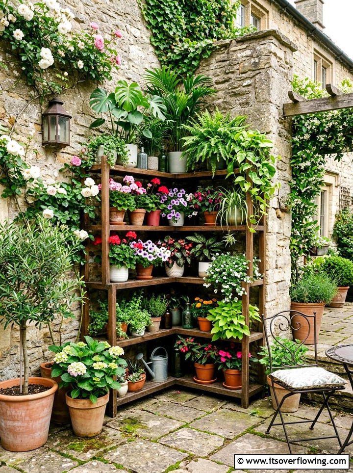 Corner plant shelf - 25 recycled garden ideas with old shelves