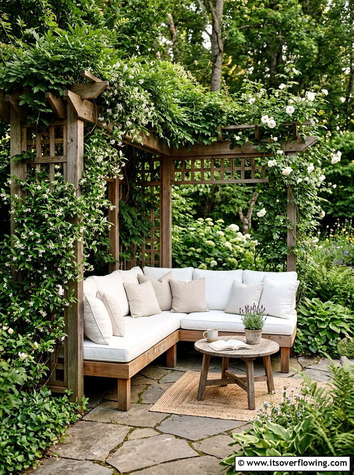 Corner seating trellis - 25 backyard ideas with trellis fence